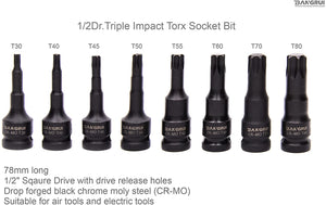 Bangrui BT2105 1/2” Drive Torx Star Driver Bit Socket Set | 8 Piece | T30 to T80 | 3” Length | Cr-Mo Impact Grade